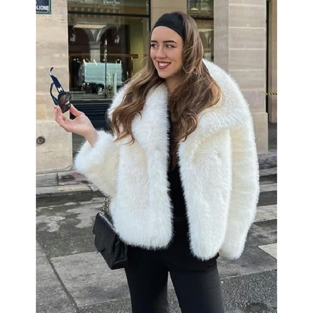 Cropped Faux Fur Jacket Lapel Collar Winter Warm Fluffy Shaggy Coat - Picture 4 of 7